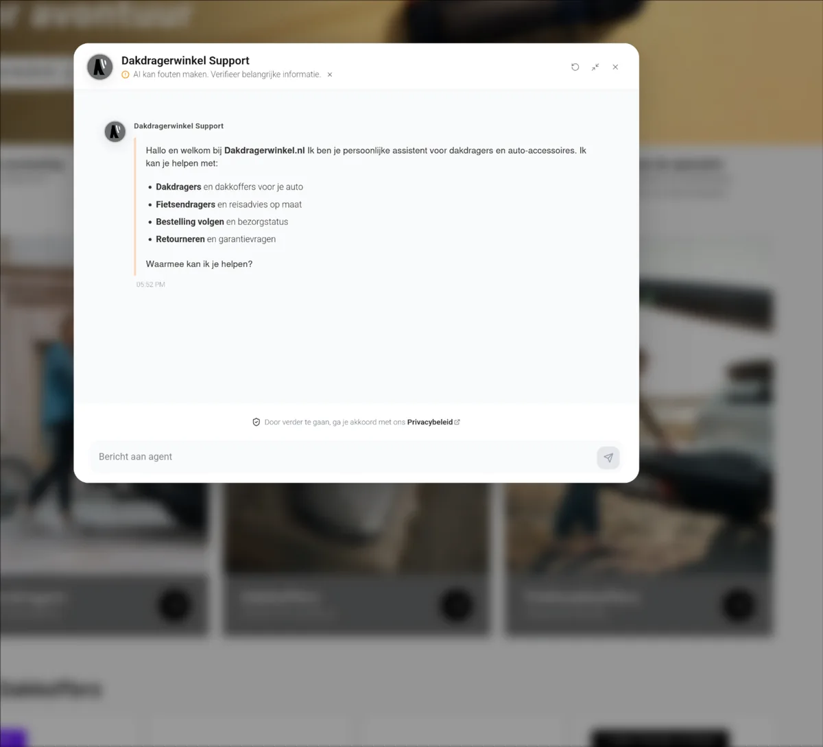 The Dakdragerwinkel Support agent, live on dakdragerwinkel.nl